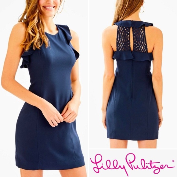 Lilly Pulitzer "Britnee" Ruffle Lace Stretch Shift Mini Dress Navy Blue Sz 4 EUC - Picture 1 of 16